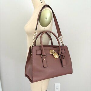 MICHAEL Michael Kors Dusty Rose Leather Hamilton Lock Tote Gold Hardware Satchel